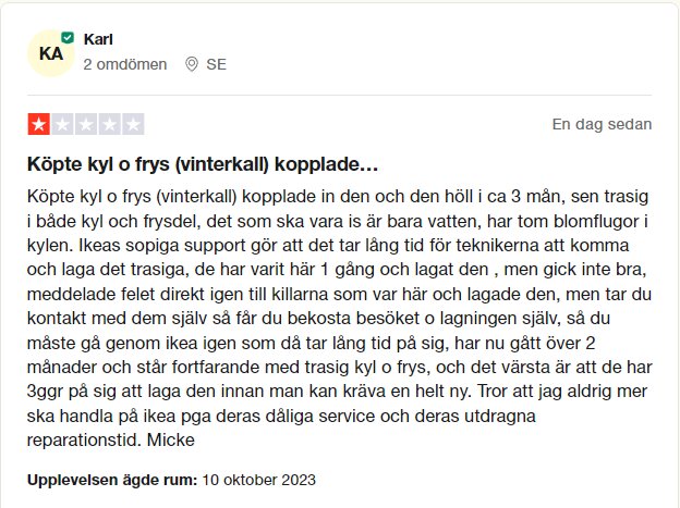 Recension i textform med röda stjärnor, missnöje över kyl- och frysenhet och kundservice.