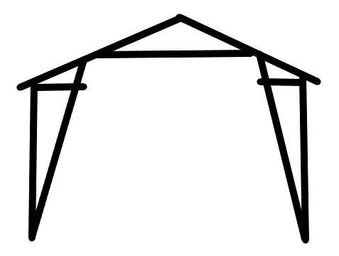 Enkel illustration av ett husets kontur med tak, takstolar och sidostöd. Svart mot vit bakgrund.