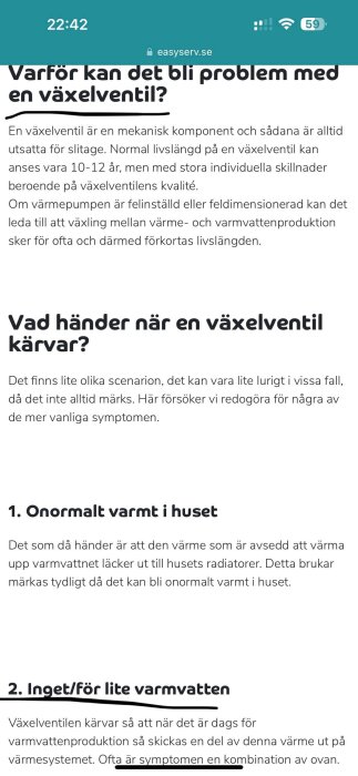 Skärmdump av en artikel om problem med växelventiler, symptom vid fel, livslängd.