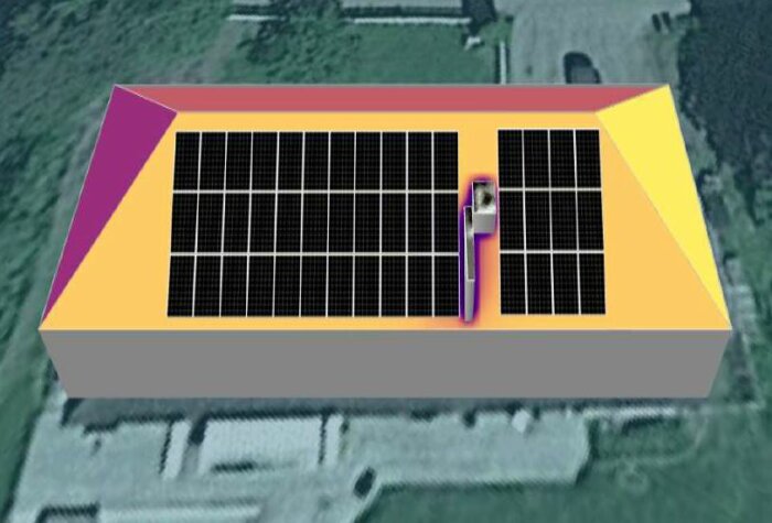 3D-modell av byggnad med solpaneler på taket, grönområde i bakgrunden, illustration av förnybar energi.