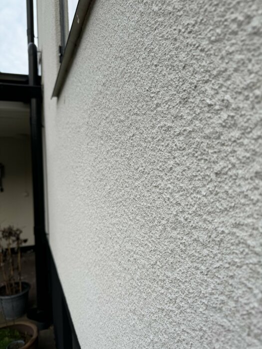 Yttervägg av hus, grov textur, fönsterkant, del av blomkrukor, suddig förgrund, skarpt fokus på vägg.