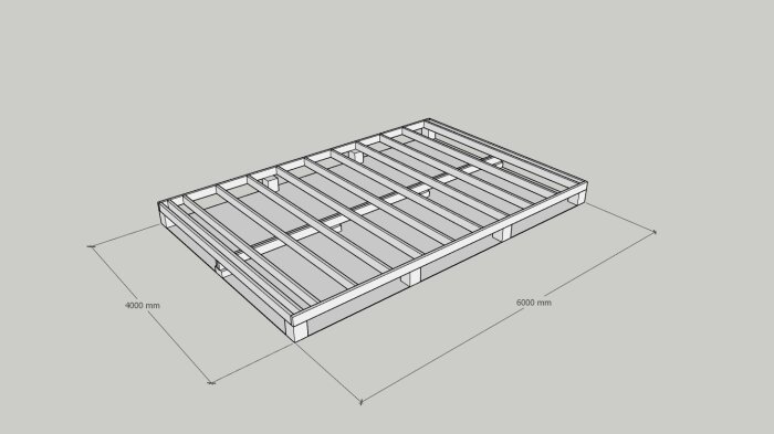 Teknisk ritning av en träplattform eller ram med måttangivelser på 4000 mm x 6000 mm.