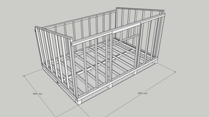 Digital skiss av träramkonstruktion för byggnad, visar dimensioner på 4000 mm och 6000 mm.