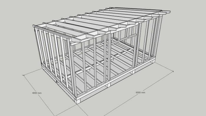 CAD-ritning av trästomme för byggnad, dimensioner angivna, ej färdigställd struktur, grå bakgrund.