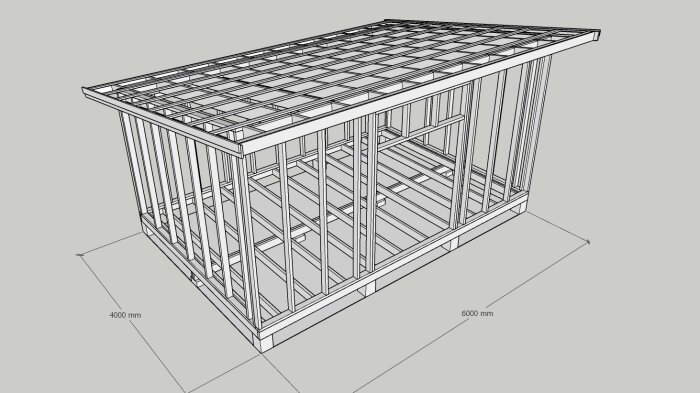 3D-representation av trästomme för byggnad, måttangivelser, karmstruktur, ingen färg, konstruktionsritning.