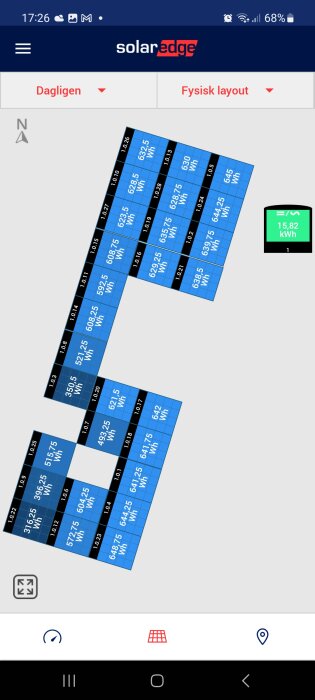 Skärmavbild av SolarEdge-app som visar övervakningssystem för solpaneler med energiproduktionsdata och layout.