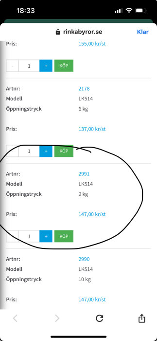 Skärmdump av webbsida, produkter med priser och köpalternativ, markerad produkt, svensk e-handelssida.