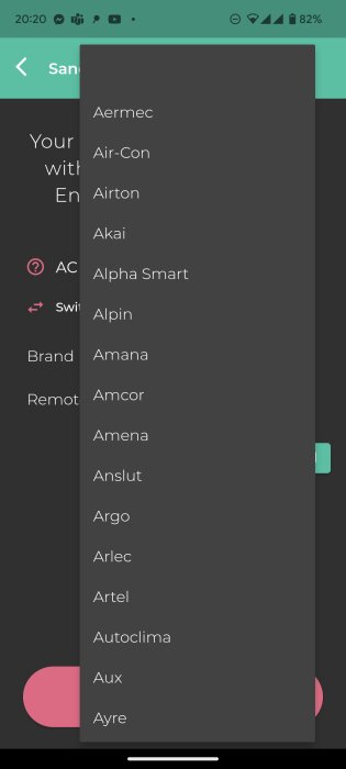 Mobilskärm visar lista över märken, troligtvis för luftkonditionering eller fjärrkontroller, modern design, användargränssnitt.
