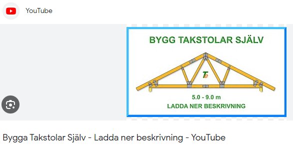 YouTube-miniatyrbild, ritning av takstolar, "BYGG TAKSTOLAR SJÄLV," länk till beskrivning, 5.0-9.0 meter intervall.