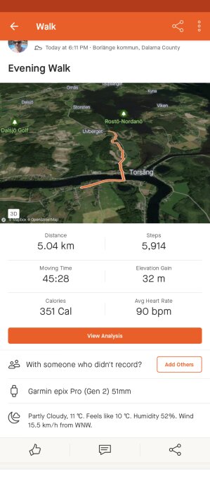 Aktivitetsöversikt: kvällspromenad, kartvy, 5,04 km, 5914 steg, 351 kalorier, Borlänge, Dalarna län.