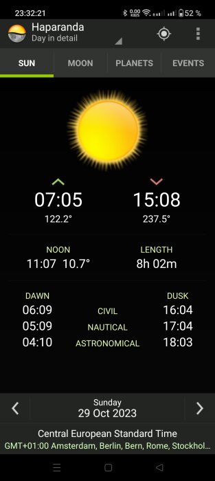 Skärmdump av väderapp visar soluppgång, solnedgång och skymningstider i Haparanda, datum 29 oktober 2023.
