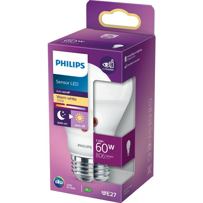 Philips sensorstyrd LED-lampa i förpackning, varmvit ljusfärg, E27-sockel, 7.5W motsvarar 60W.