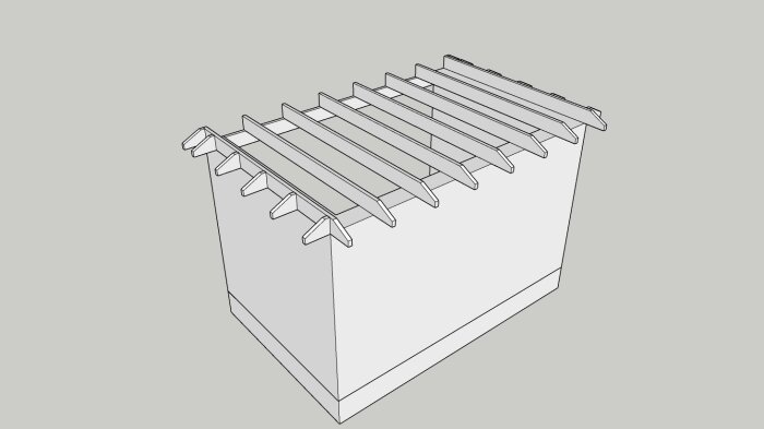 Enkel skiss av en pergola med ribbad takstruktur över en rektangulär bas, ritad i 3D-programvara, otexturerad.