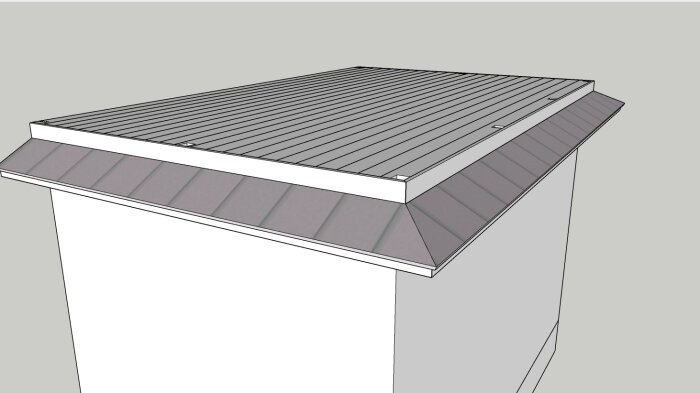 3D-renderad ritning av en del av en byggnad, troligen ett tak eller en takkant.