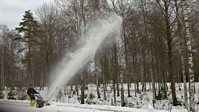 Person använder snöslunga, rensar väg, snöigt landskap, vinter, träd runtomkring.