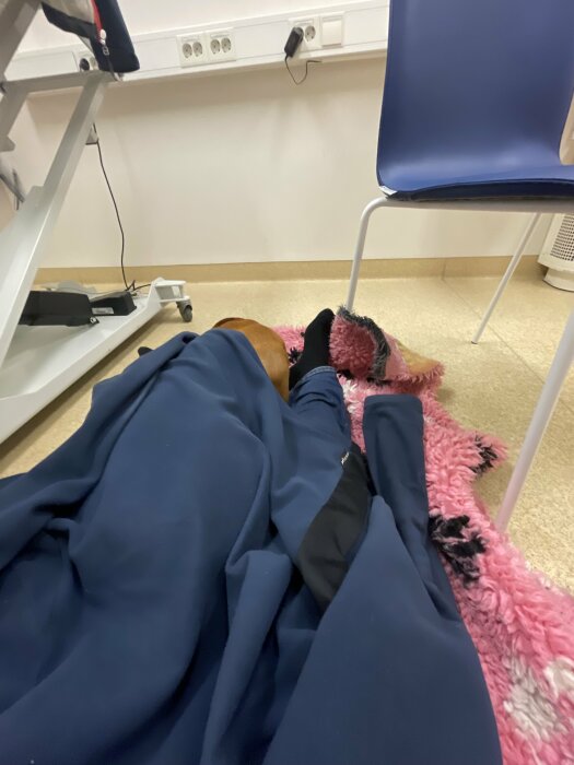 Person ligger på en rosa filt med hunden, inomhus, sjukhus- eller klinikmiljö, vilstol i bakgrunden.