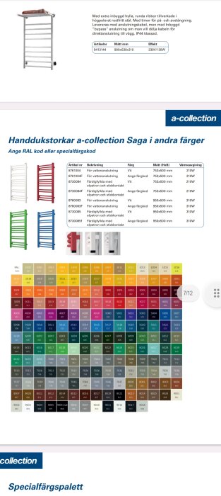 Produktkatalog för handdukstorkar, modeller, storlekar, effekt, färgalternativ med RAL-koder.