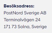 Text med adressinformation till PostNord Sverige AB i Solna, Sverige.