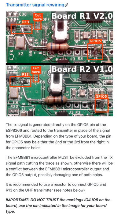 Elektroniskt kretskort, instruktioner för omlodning, varningar, versioner R1 V2.0 och R2 V1.0, komponentmarkeringar.