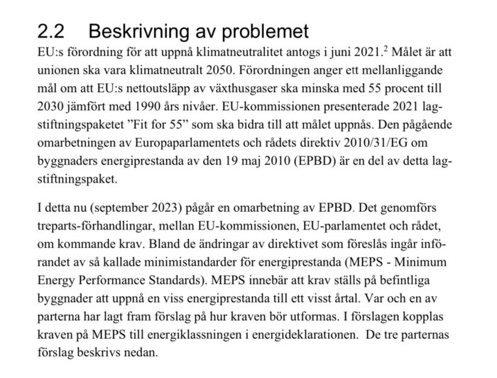 Text om EU:s klimatneutralitetsmål 2050, utsläppsminskning, "Fit for 55", energistandarder, EPBD-omarbetning från september 2023.