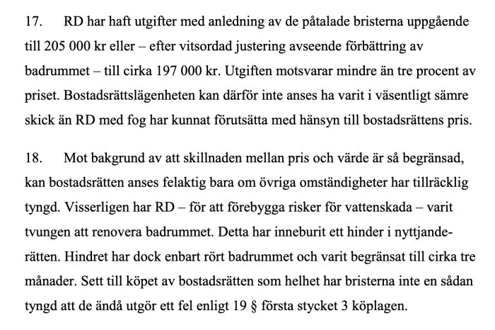 Svensk text om kostnader för badrumsrenovering och dess påverkan på bostadsrättens skick och värde.