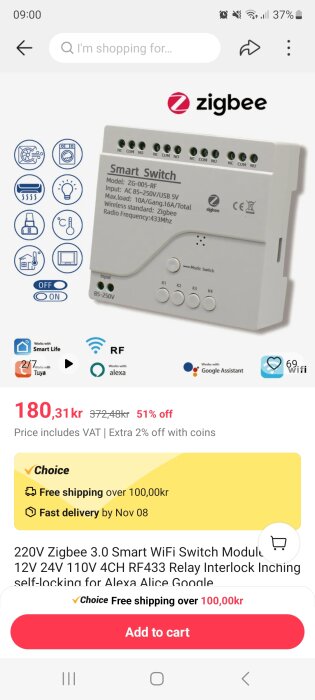 Produktbild på en Zigbee Smart Switch, mobilgränssnitt, rabatterad prisinformation och kompatibilitet med smarta hem-plattformar.