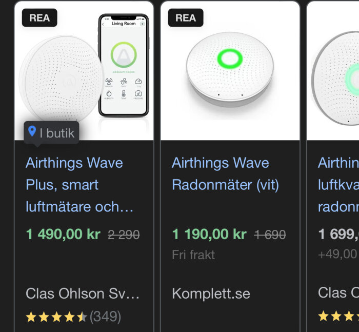 Bild på tre olika Airthings luftkvalitetsmätare, rabatterade priser, mobilapp, onlinebutik erbjudande.