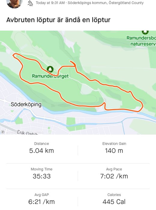 Skärmavbildning av en joggingspår-app som visar en 5,04 km löprunda i Söderköping med statistik.