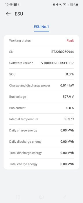 Skärmdump av energilagringsenhet (ESU) status med fel, noll laddningsgrad, spänning, och temperaturvärden visade.