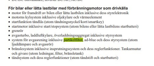 Textdokument med punkter om fordon och förbränningsmotorer, markerad text om partikelfilter.