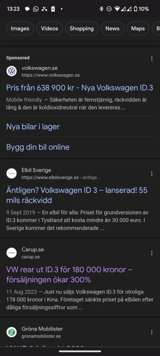 Skärmdump av mobil webbsökning om Volkswagen ID.3, med annonser och artiklar om elbilens pris och försäljning.