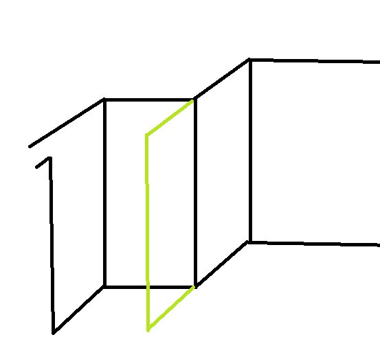Enkelt ritad tredimensionell hörnillustration med öppen dörr och grönt markering.