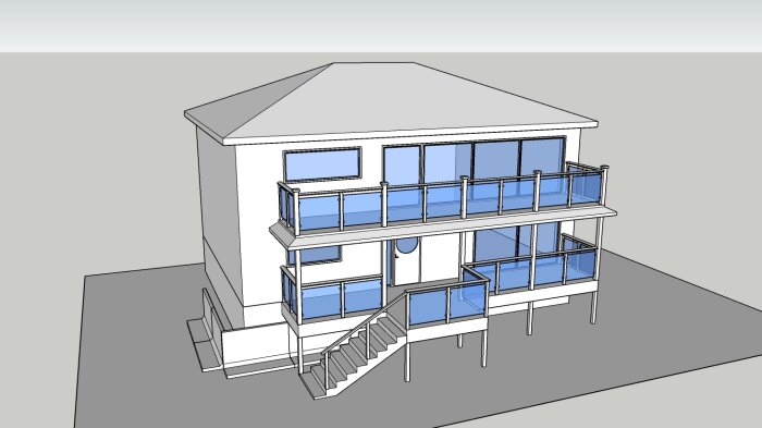 3D-modell av hus med balkonger, stora fönster och trappa, gråa och blåa toner, enkel rendering.