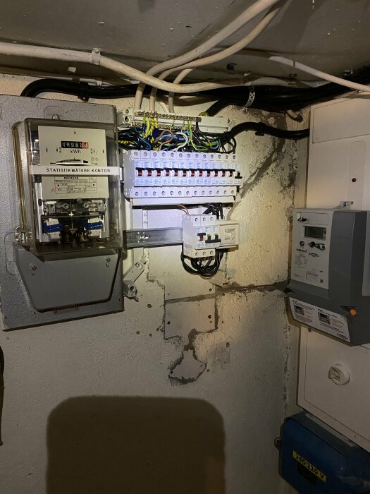 Elektriskt skåp med säkringar, mätare och kablar i ett grovt utrustningsrum.