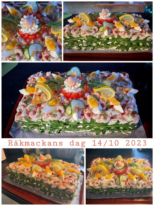 Stora smörgåstårtor dekorerade med räkor, ägg, citron, dill, "Räkmackans dag" firas.