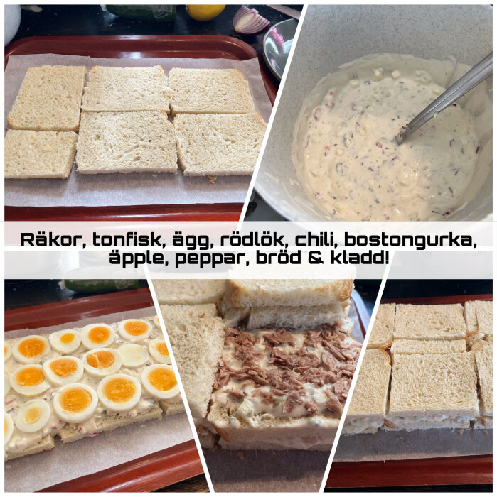 Matlagning, smörgåstårta, räkor, tonfisk, ägg, bröd, steg-för-steg, färdig produkt, ingredienser, hemlagat.