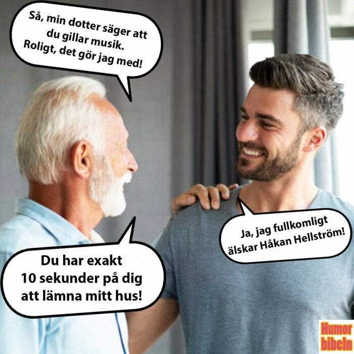 Två män skämtar om musiksmak, med textballonger; humoristisk ton.