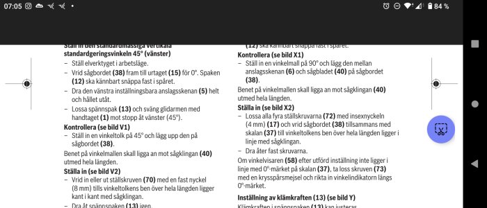 Skärmbild av en elektronisk enhet som visar instruktionsmanual med diagram och anvisningar på svenska.