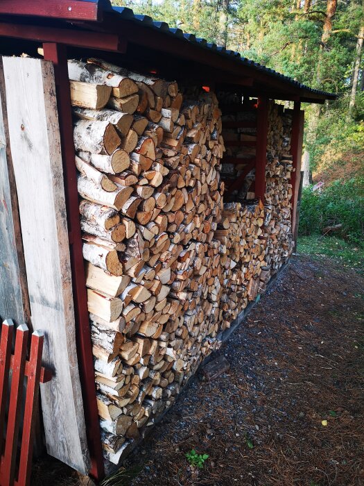 Vedskjul fyllt med staplade vedträn, röd takplåt, omgivet av skog.