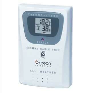 Elektronisk termo-hygrometer, temperatur- och fuktighetsmätare, trådlös, märkt "Oregon Scientific".