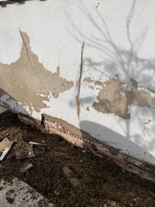 En delvis avskalad vägg, skuggor av grenar, jord och grus på marken. Nedslitet och övergivet intryck.