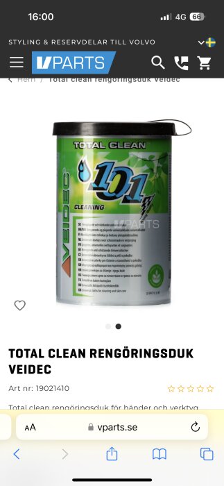 Skärmdump av en webbutik med en produkt: "Total Clean Rengöringsduk Veidec", för rengöring av händer och verktyg.