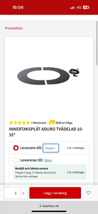 Skärmdump från en onlinebutik som visar en produkt, en innertaksplåt för kaminer, med leveransinformation och köpalternativ.