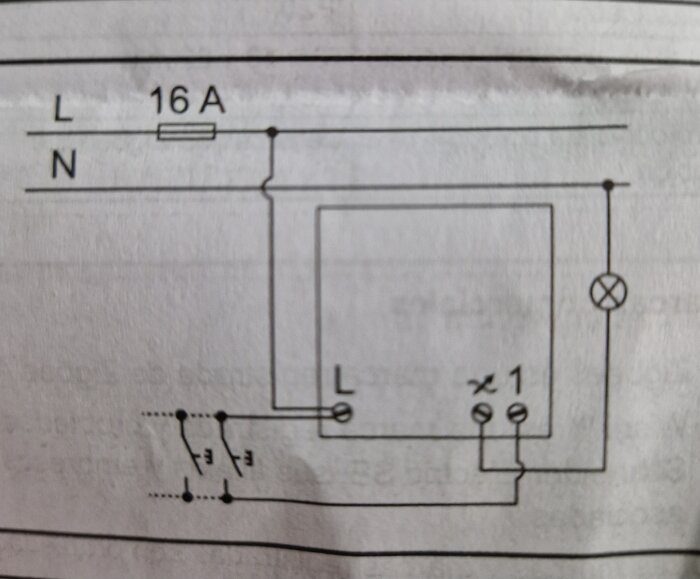 Elektriskt kretsdiagram, säkring, brytare, symboler för ström, nolla, och markeringar för installation.