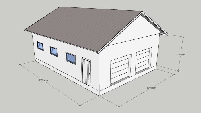 3D-modell av ett litet hus med mått, fyra fönster, och en dörr.