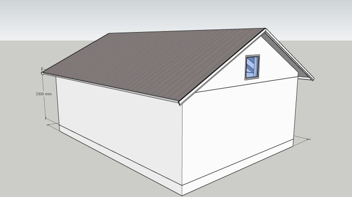 3D-modell av enkel byggnad, sadeltak, en synlig mätt dimension, grå bakgrund, fönster på gavel.