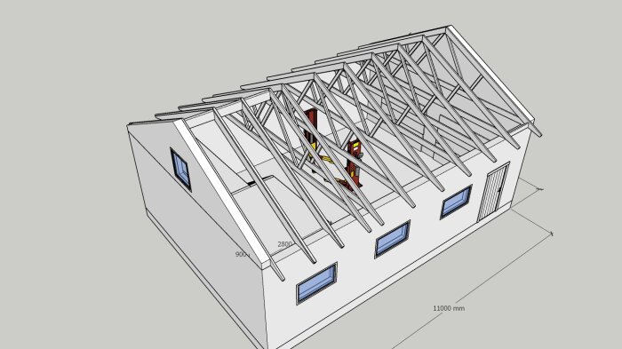 3D-modell av trähusstomme med dimensioner, takstolar, fönster, och öppen konstruktion.