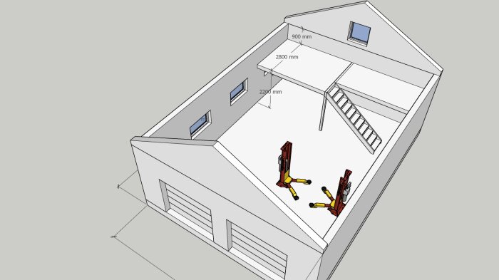 3D-modell av ett lager med gaffeltruckar, måttangivelser, trappa, fönster, och tomma hyllor.