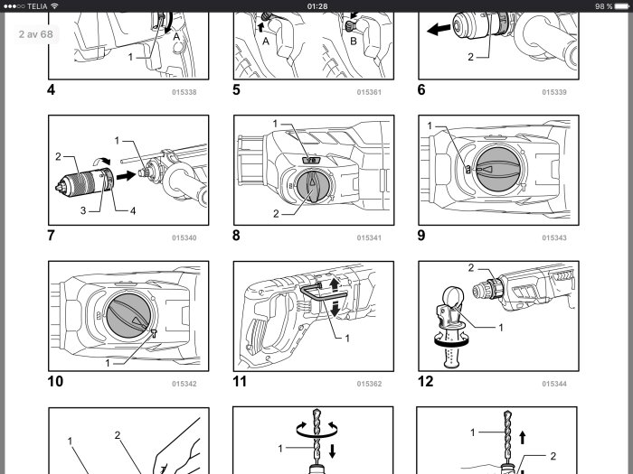 Instruktionsbilder som visar steg-för-steg montering eller demontering av en bilkomponent, troligtvis en låsmekanism eller dörrdel.