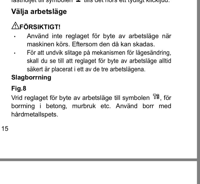 Text på svenska, varningsinstruktioner för arbetslägen, Fig.8, slagborrning, symboler, borrning i betong.